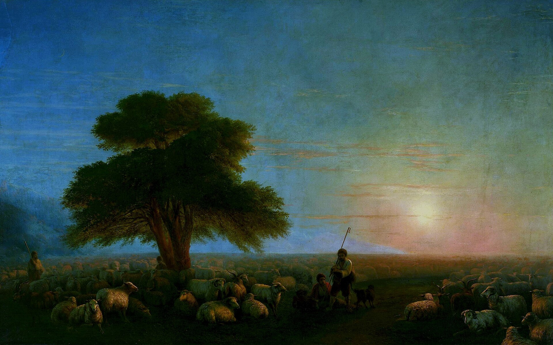 Shepherds with a flock of sheep label QS:Lfr,"Les bergers avec un troupeau de moutons."lab